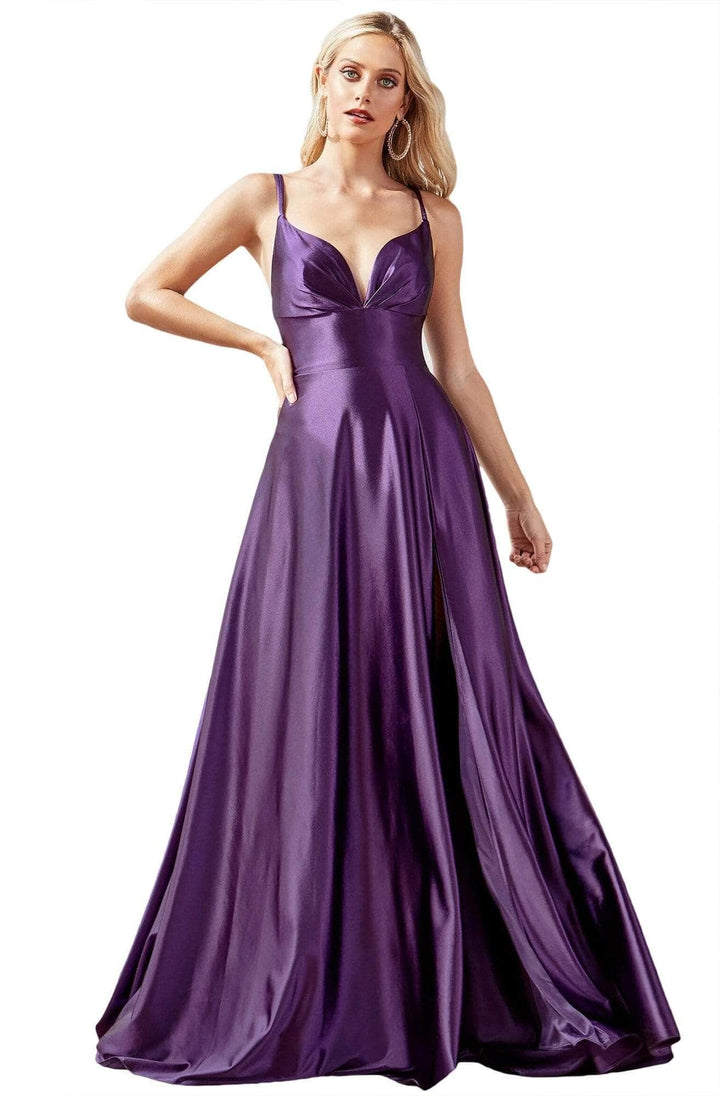 Ladivine CD903 - Plunge V-neck Satin A-line Gown - Red - Main