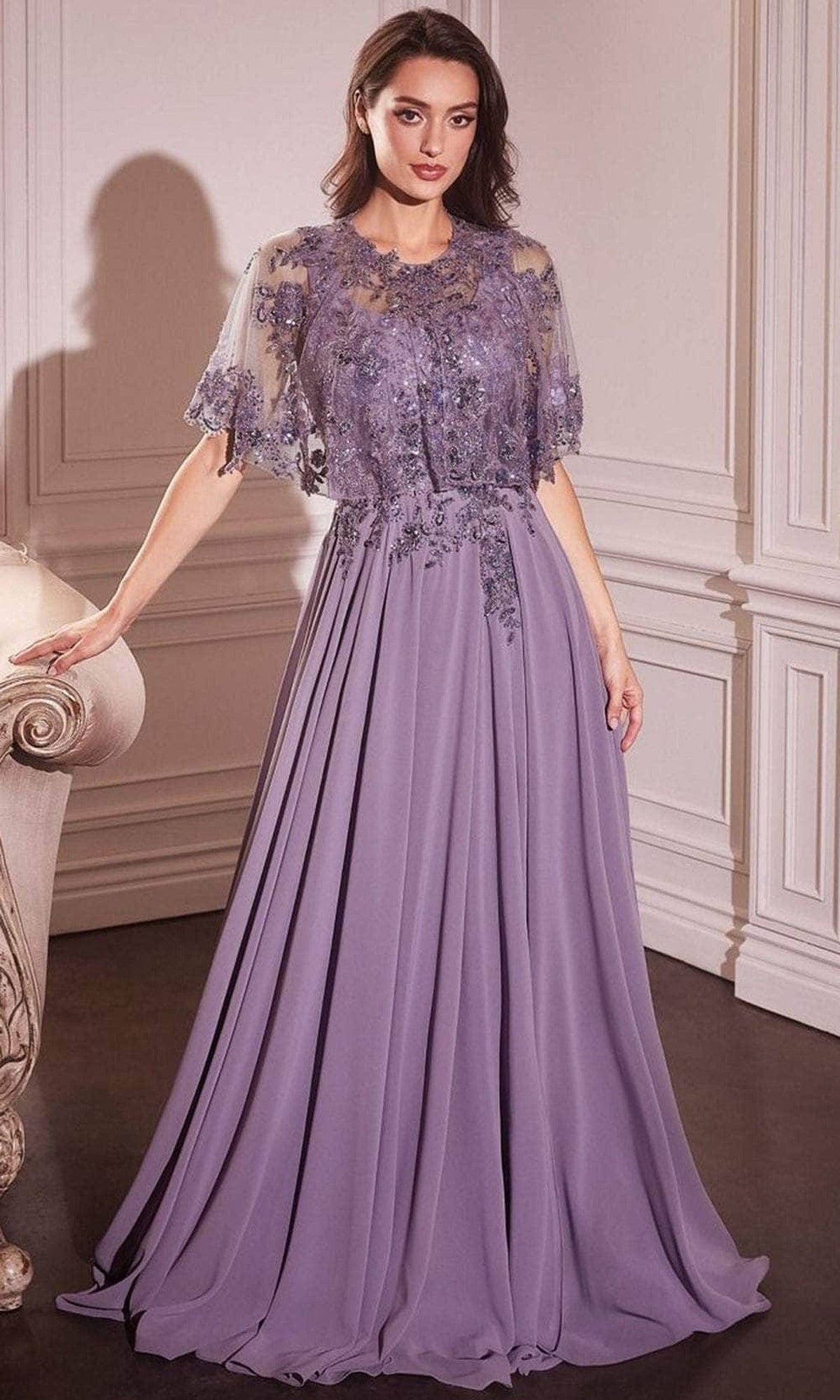 Ladivine CDS503 - Applique Cape Evening Gown - Dusty Lavender - Main