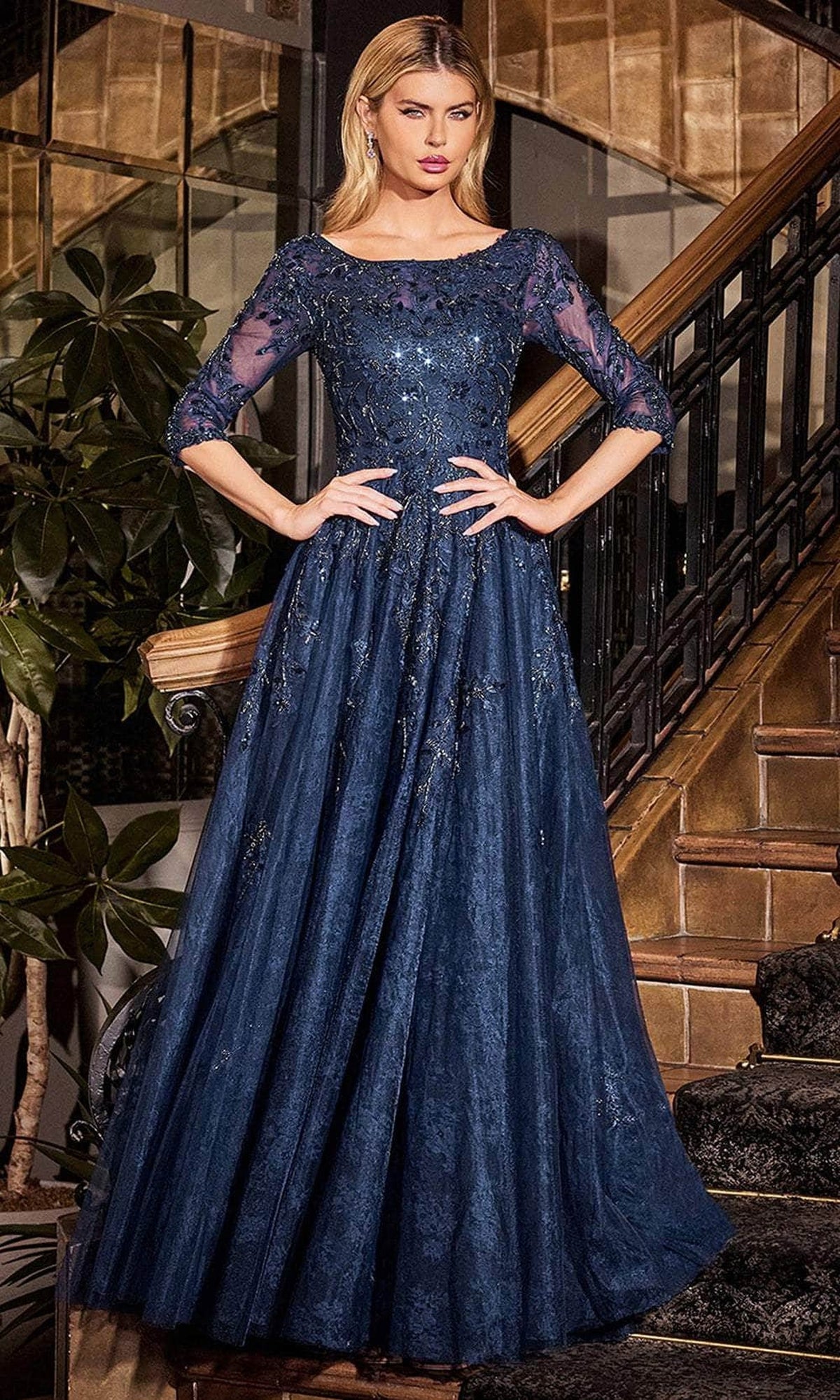 Ladivine CK2401 - Bateau Neck Embroidered Evening Gown - Smoky Blue - Main