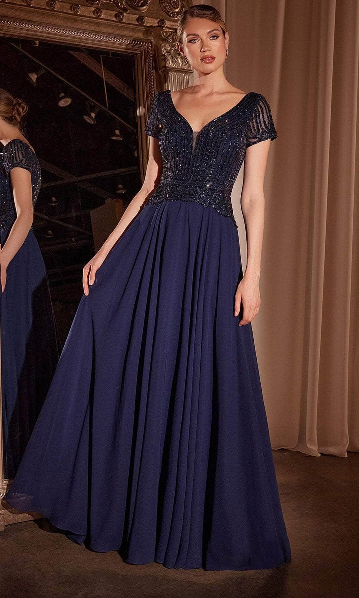 Ladivine CL07 - Short Sleeve Embellished Bodice Evening Gown - Navy - Main