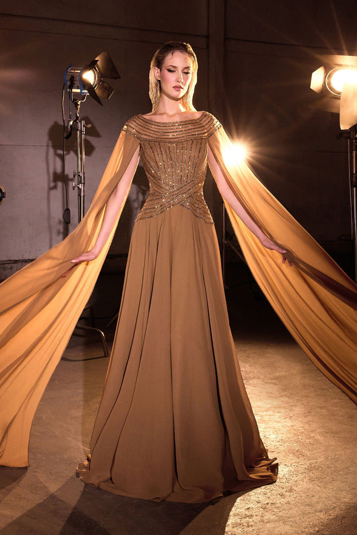 Beaded Cape Bateau Gown - Bronze - Main