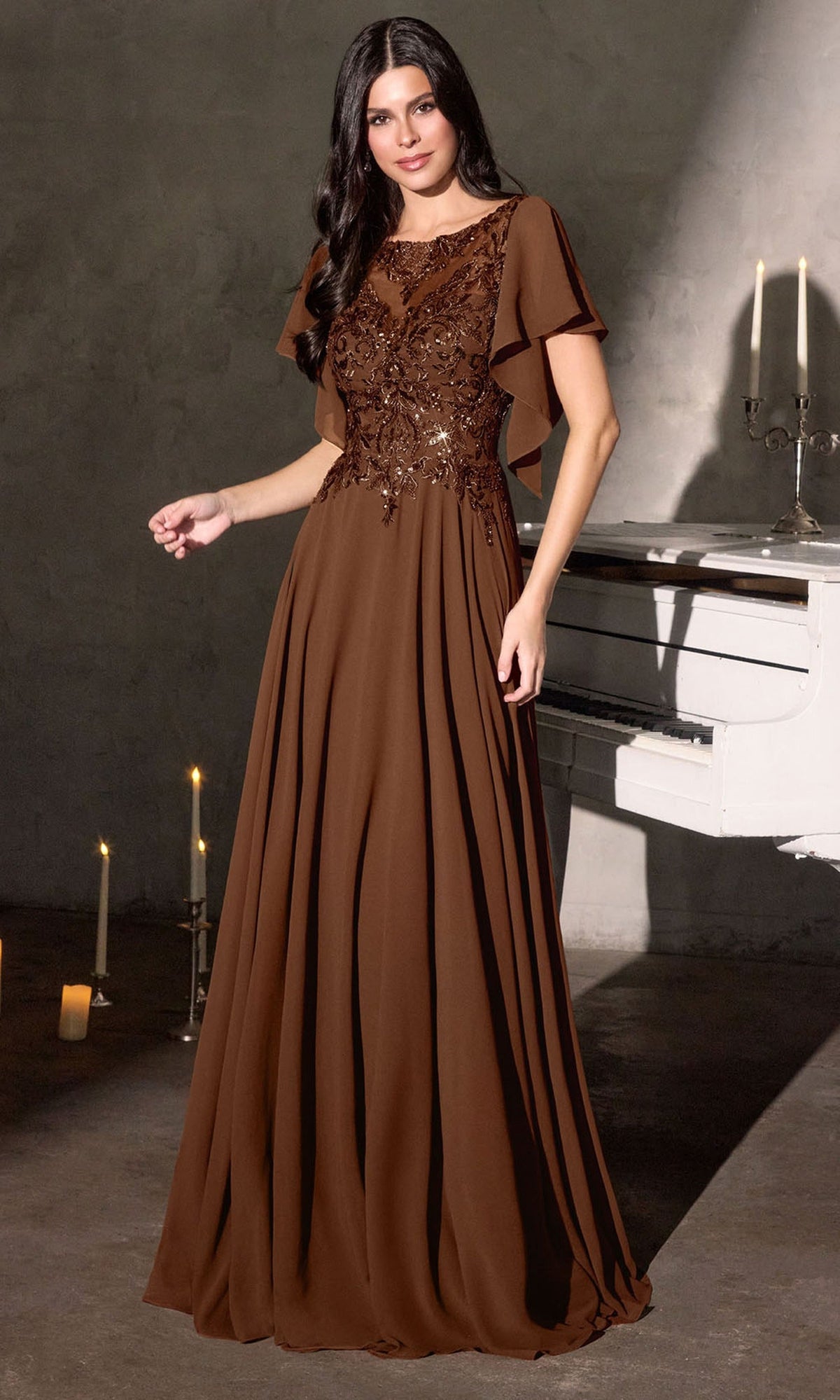 Ladivine CL09 - Beaded Illusion Flutter Sleeve Formal Gown - Navy - Main