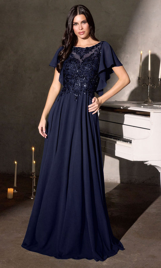 Ladivine CL09 - Beaded Illusion Flutter Sleeve Formal Gown - Navy - Main