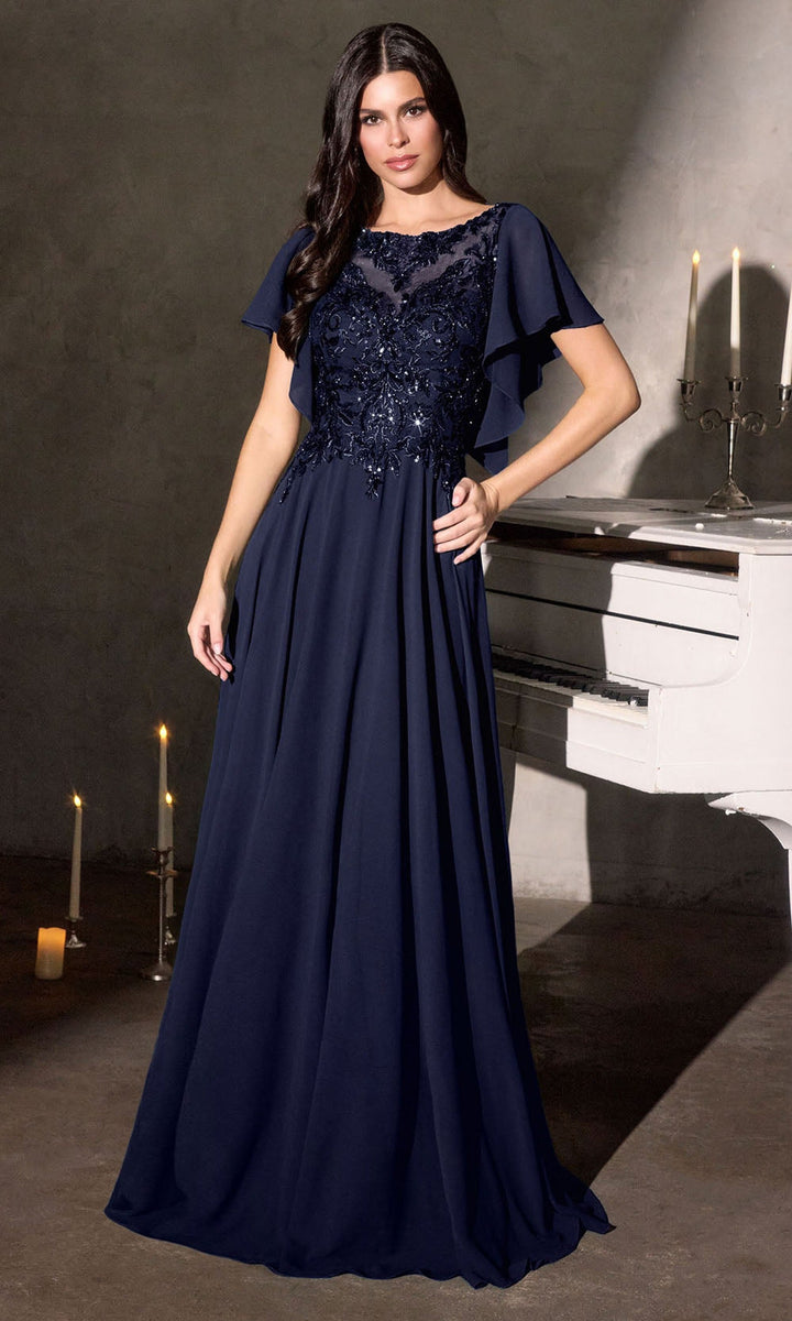 Ladivine CL09 - Beaded Illusion Flutter Sleeve Formal Gown - Navy - Main