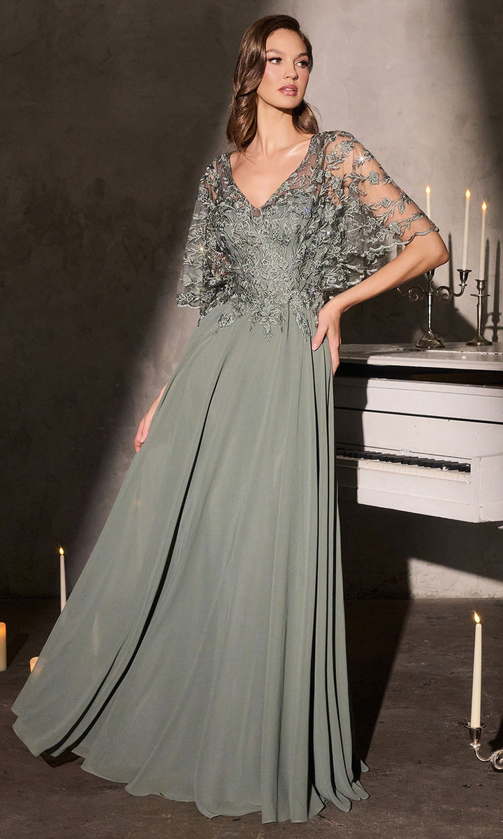 Ladivine CL10 - Embroidered Cape Sleeve A-Line Formal Gown - Moss Green - Main