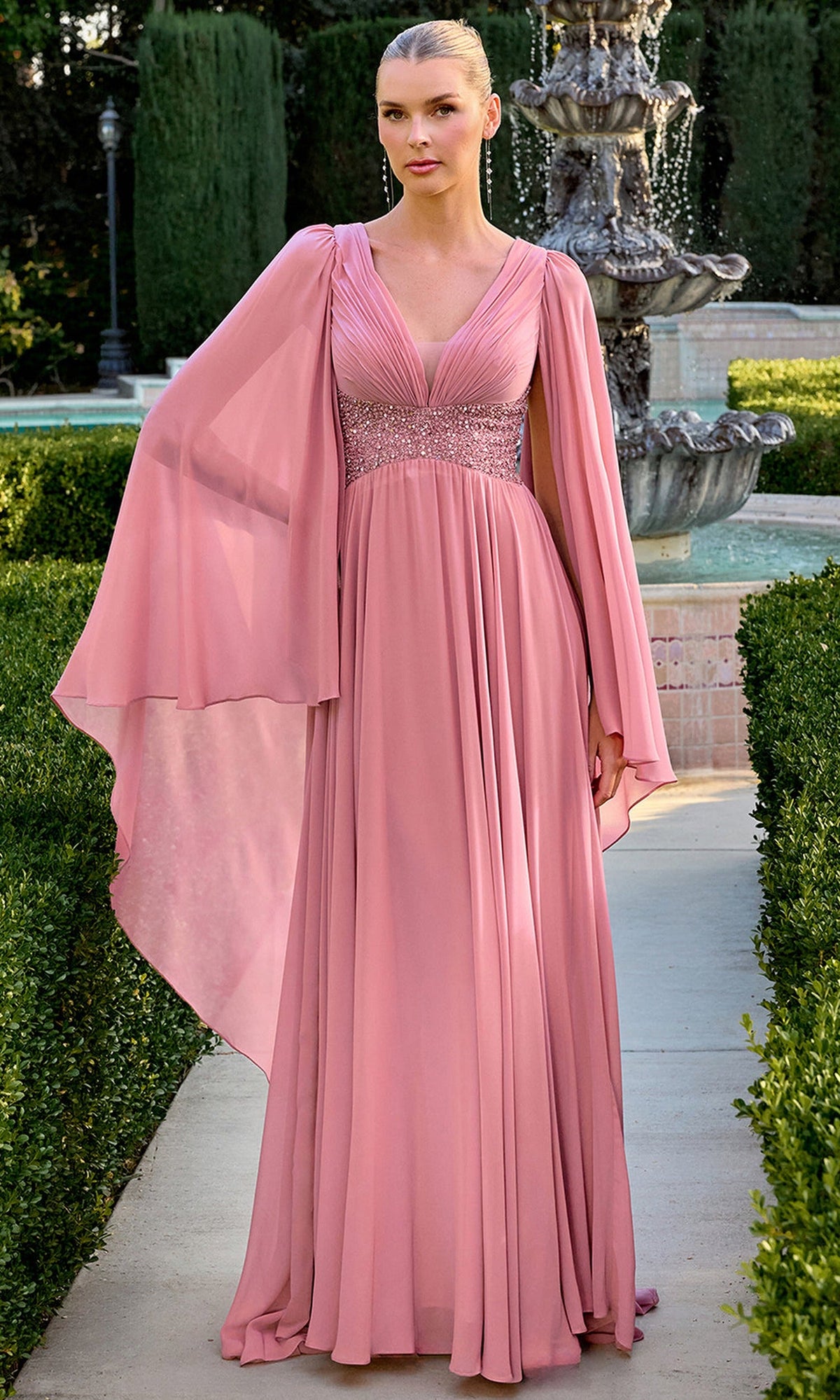 Ladivine CM8244 - Chiffon Cape Sleeve A-Line Evening Gown - Dusty Rose - Main