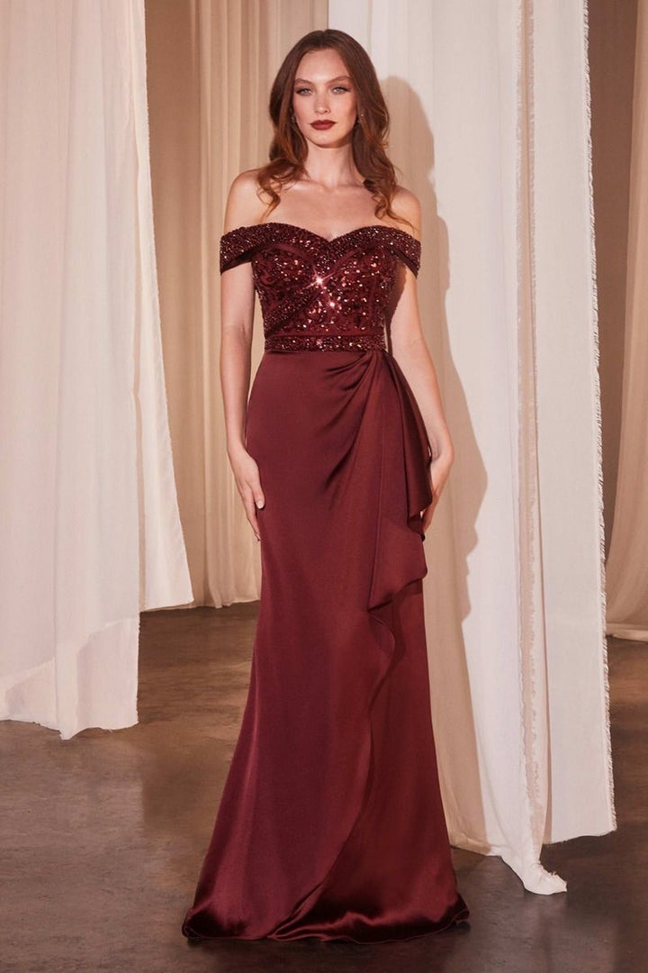 Ladivine CR877 - Embellished Sheath Evening Dress - Burgundy - Main