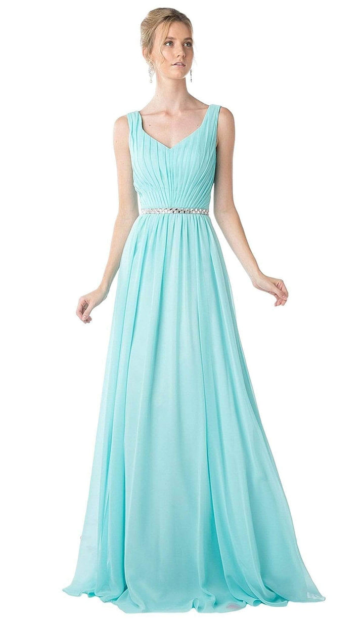 Ladivine W0014 - Pleated V-Neck Bodice A-Line Gown - Aqua - Main