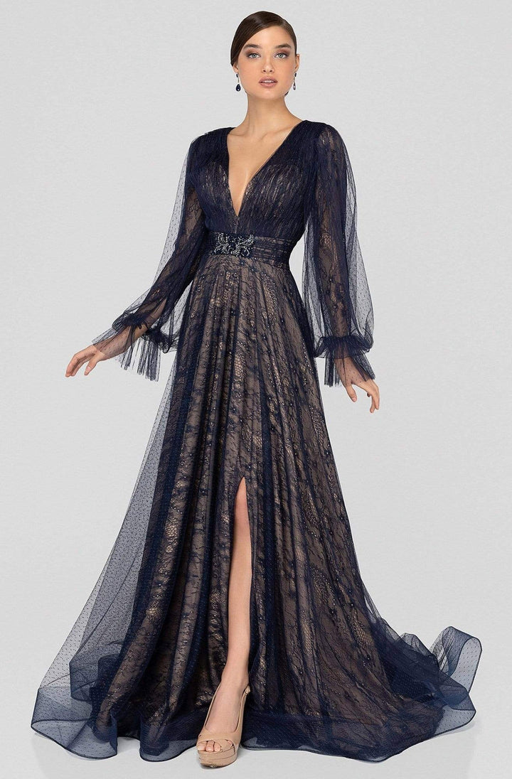 Terani Couture - 1913M9414 Lace Plunging V-neck A-line Dress - Navy Nude - Main