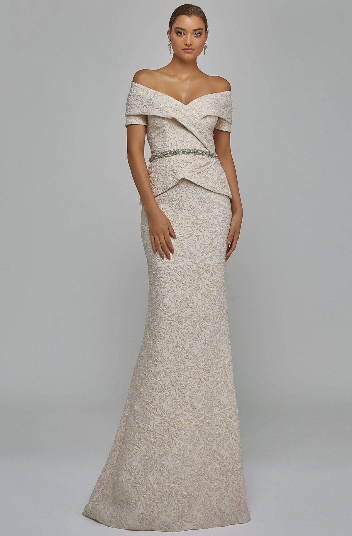 Terani Couture - 1921M0727 Off-Shoulder V-Neck Mother of the Groom Sheath Gown