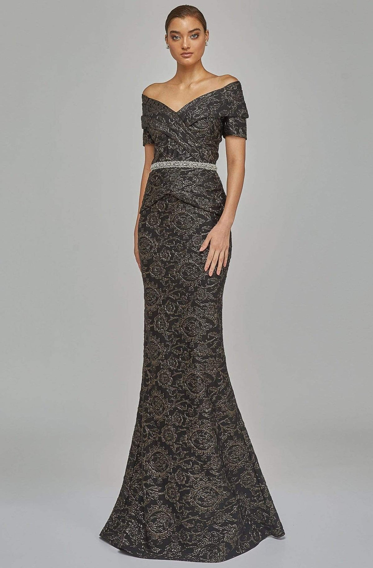Terani Couture - 1921M0727 Off-Shoulder V-Neck Mother of the Groom Sheath Gown