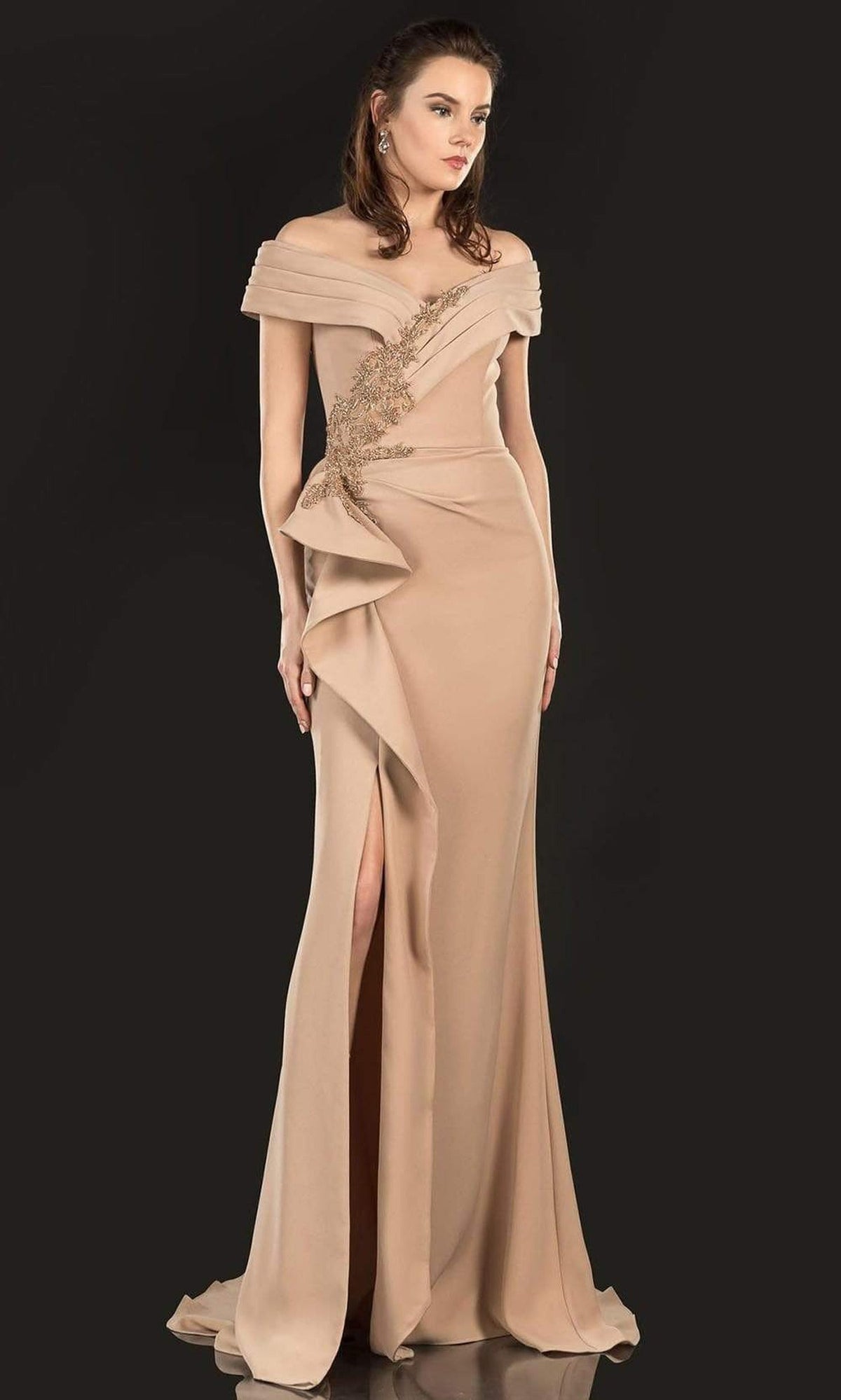 Terani Couture - 2021M2986 Wrap Off Shoulder Mother of the Bride Gown - Mocha - Main