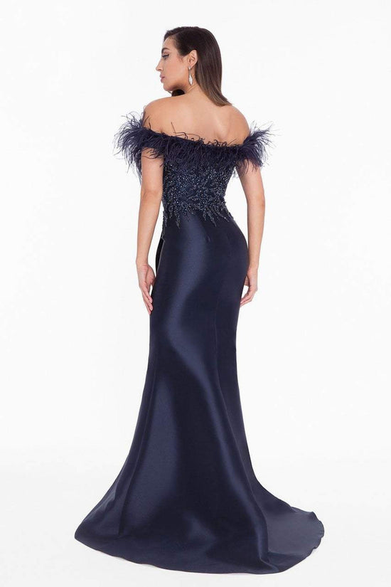 Terani Couture - 1821E7142 Feather Accent Off Shoulder Mermaid Dress