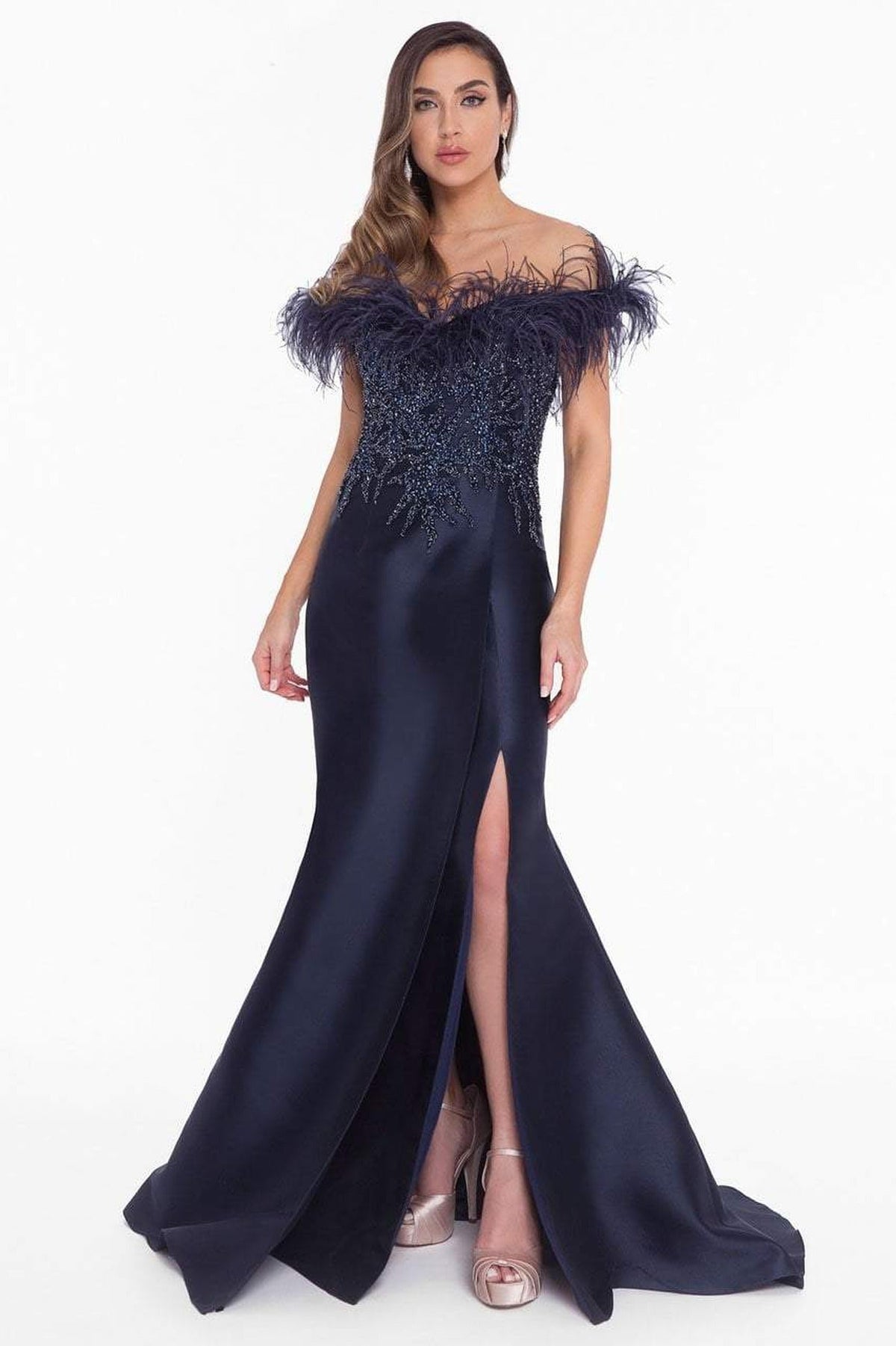 Terani Couture - 1821E7142 Feather Accent Off Shoulder Mermaid Dress - Navy - Main