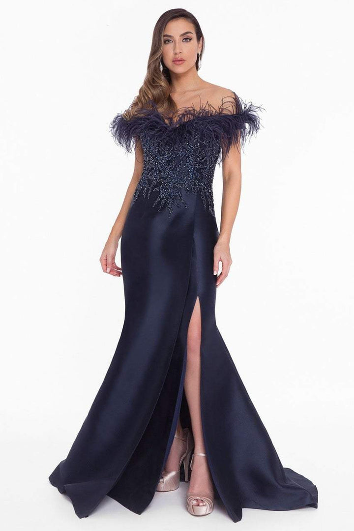 Terani Couture - 1821E7142 Feather Accent Off Shoulder Mermaid Dress - Navy - Main