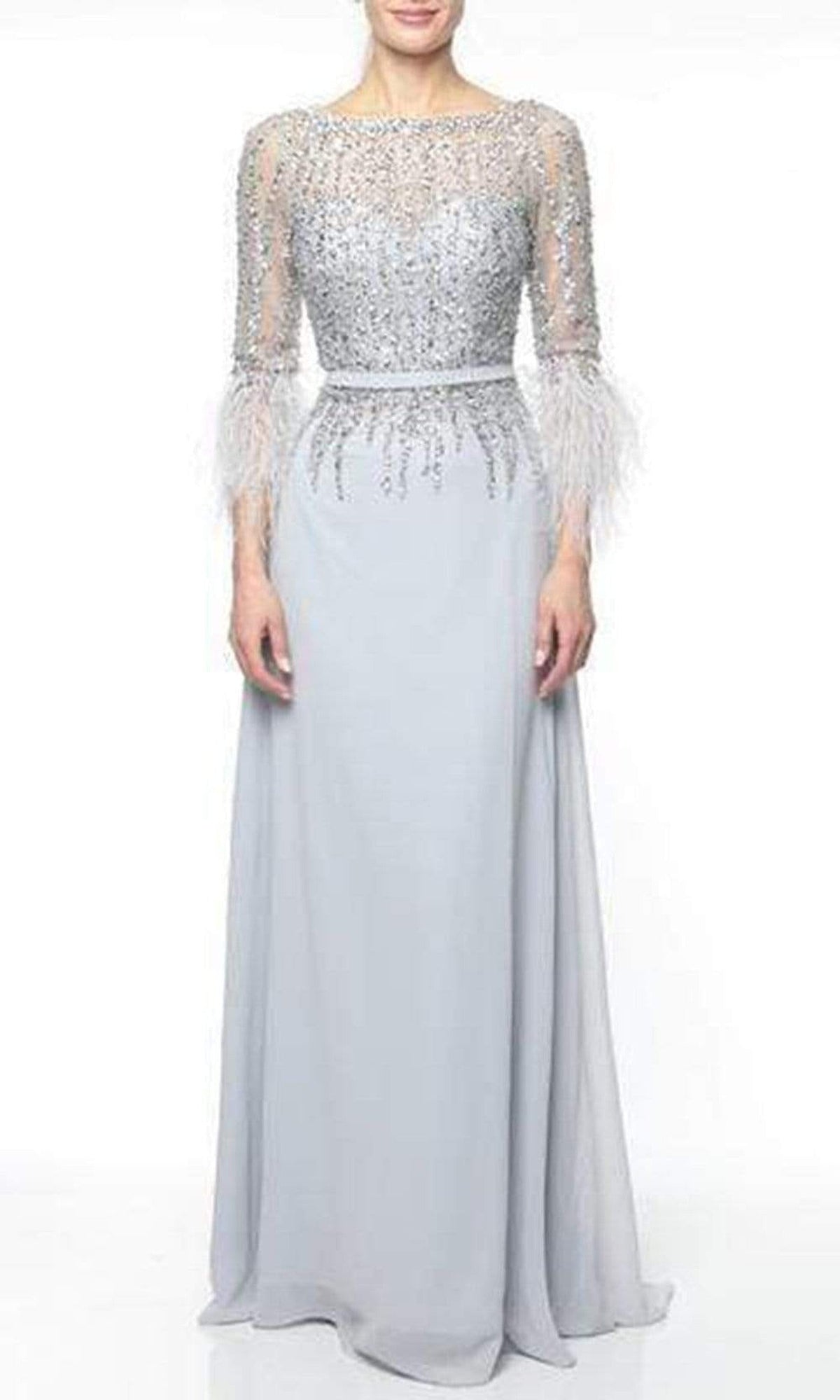 Terani Couture - 1921M0473 Feather-Fringed Quarter Sleeve Jeweled Gown