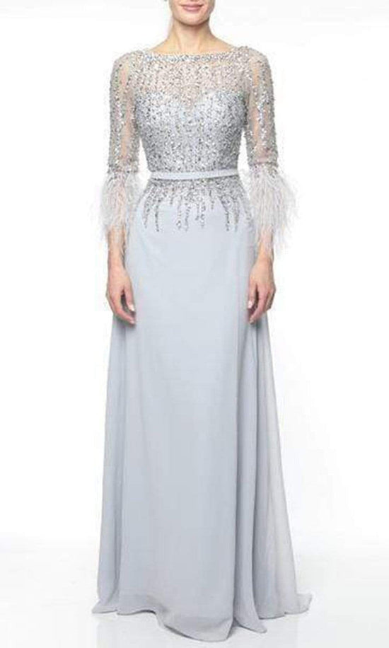 Terani Couture - 1921M0473 Feather-Fringed Quarter Sleeve Jeweled Gown