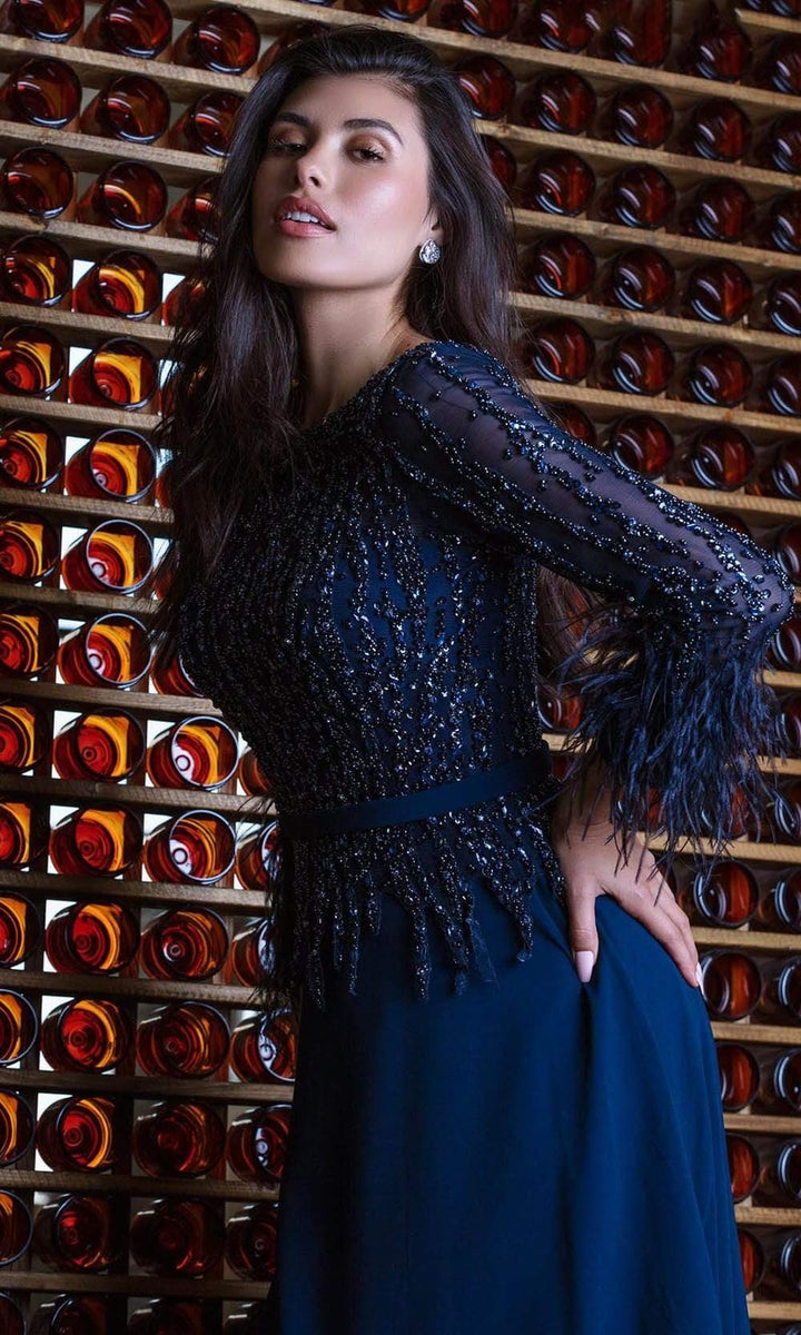 Terani Couture - 1921M0473 Feather-Fringed Quarter Sleeve Jeweled Gown - Navy - Main