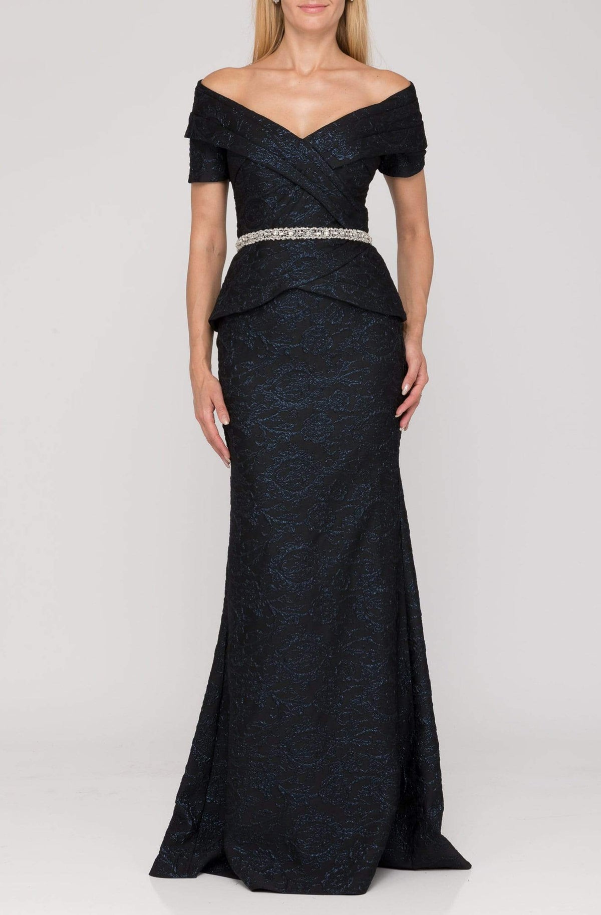 Terani Couture - 1921M0727 Off-Shoulder V-Neck Mother of the Groom Sheath Gown - Navy - Main