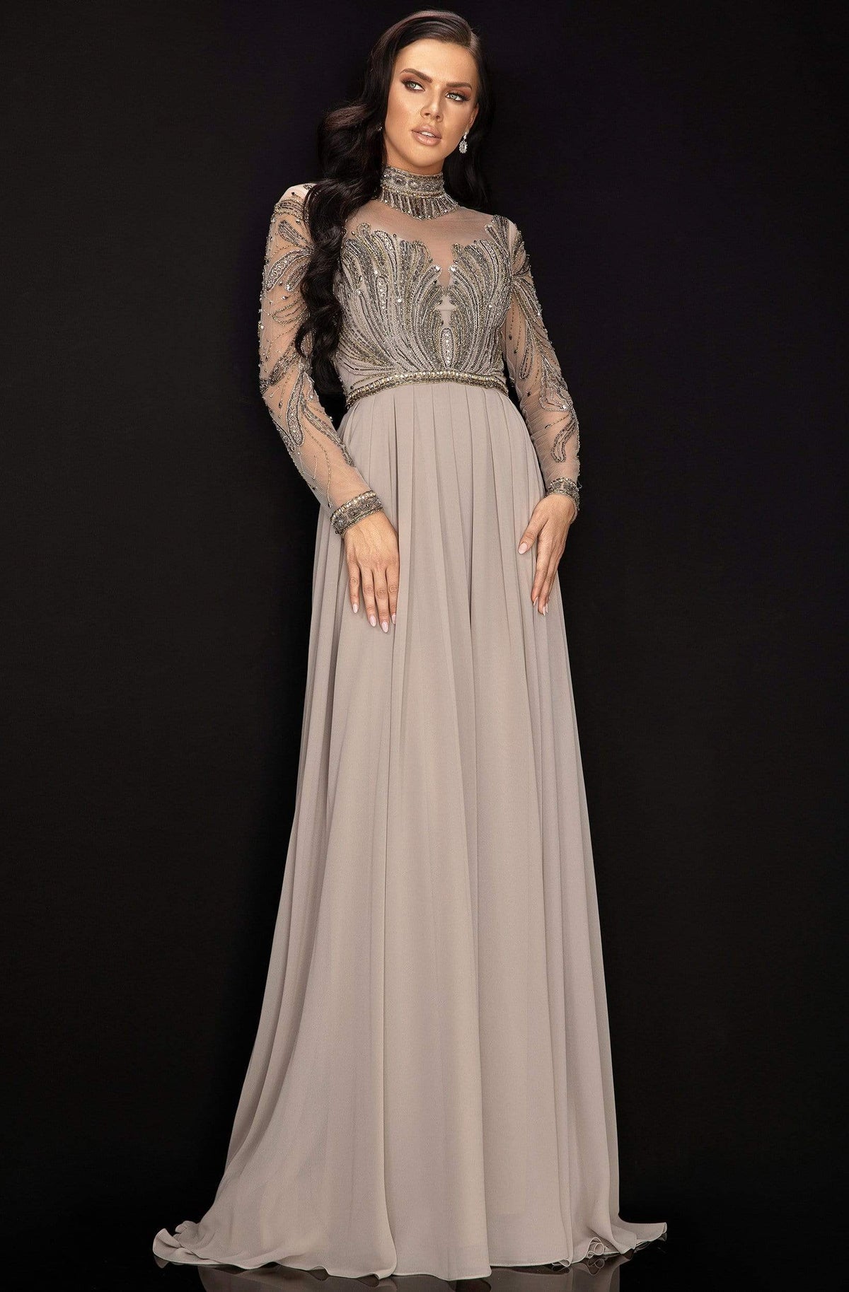 Terani Couture - 2011M2126 Embellished Long Sleeve High A-line Dress - Mocha - Main