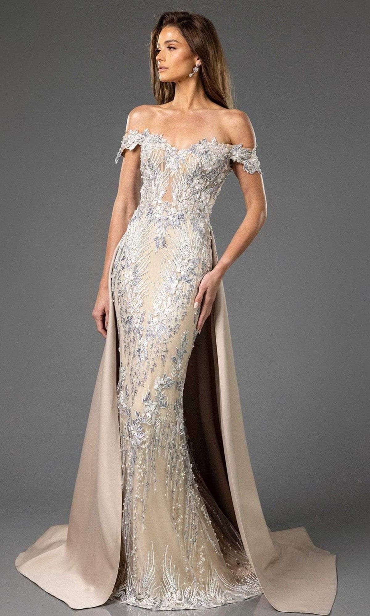 Terani Couture 251E3233 Embroidered Pleated Overskirt Evening Dress