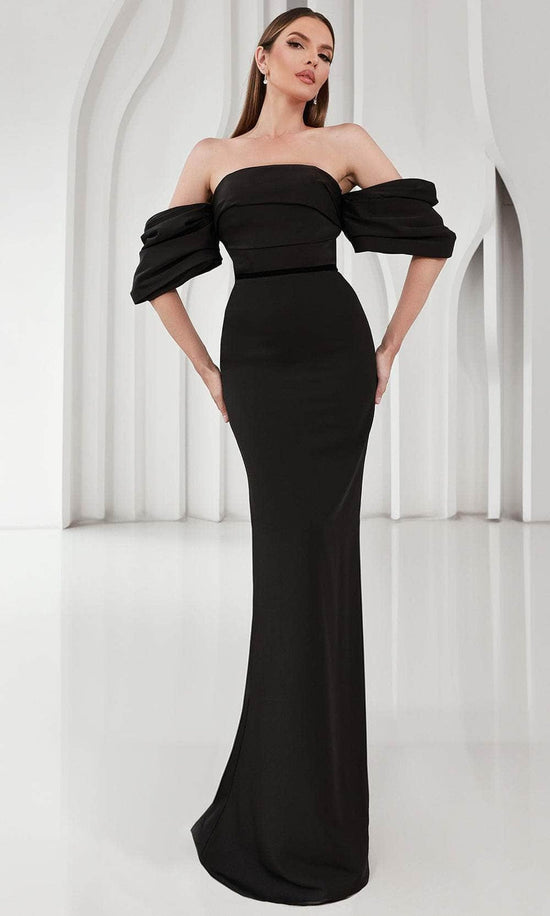 Terani Couture 251E4204 Off Shoulder Sleeve Satin Evening Gown