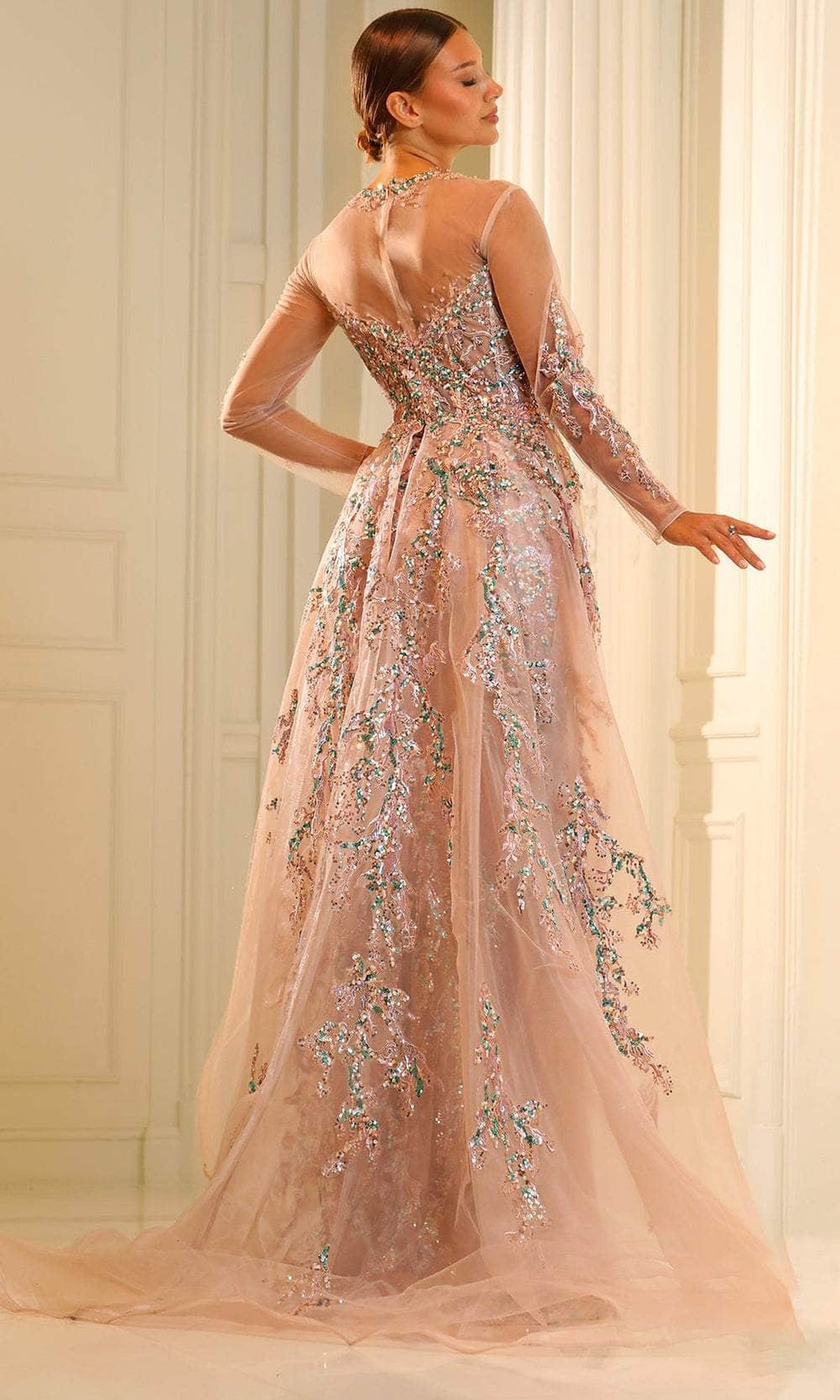 Terani Couture 251M4412 - Long Sleeve Beaded Tulle Evening Gown