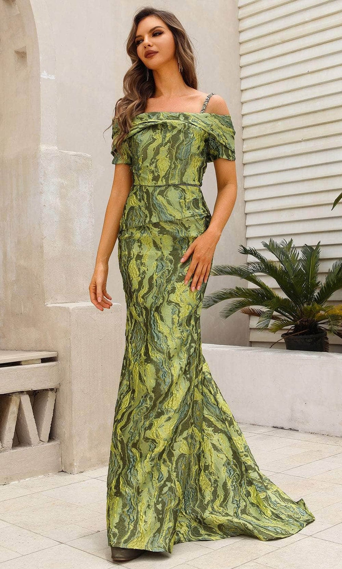 Terani Couture 251M4434 - Off Shoulder Lava Jacquard Evening Dress