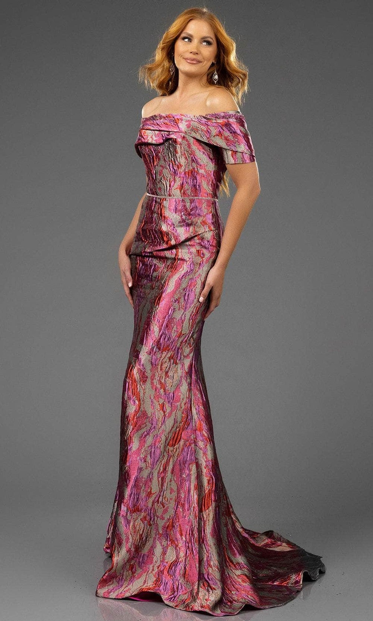 Terani Couture 251M4434 - Off Shoulder Lava Jacquard Evening Dress