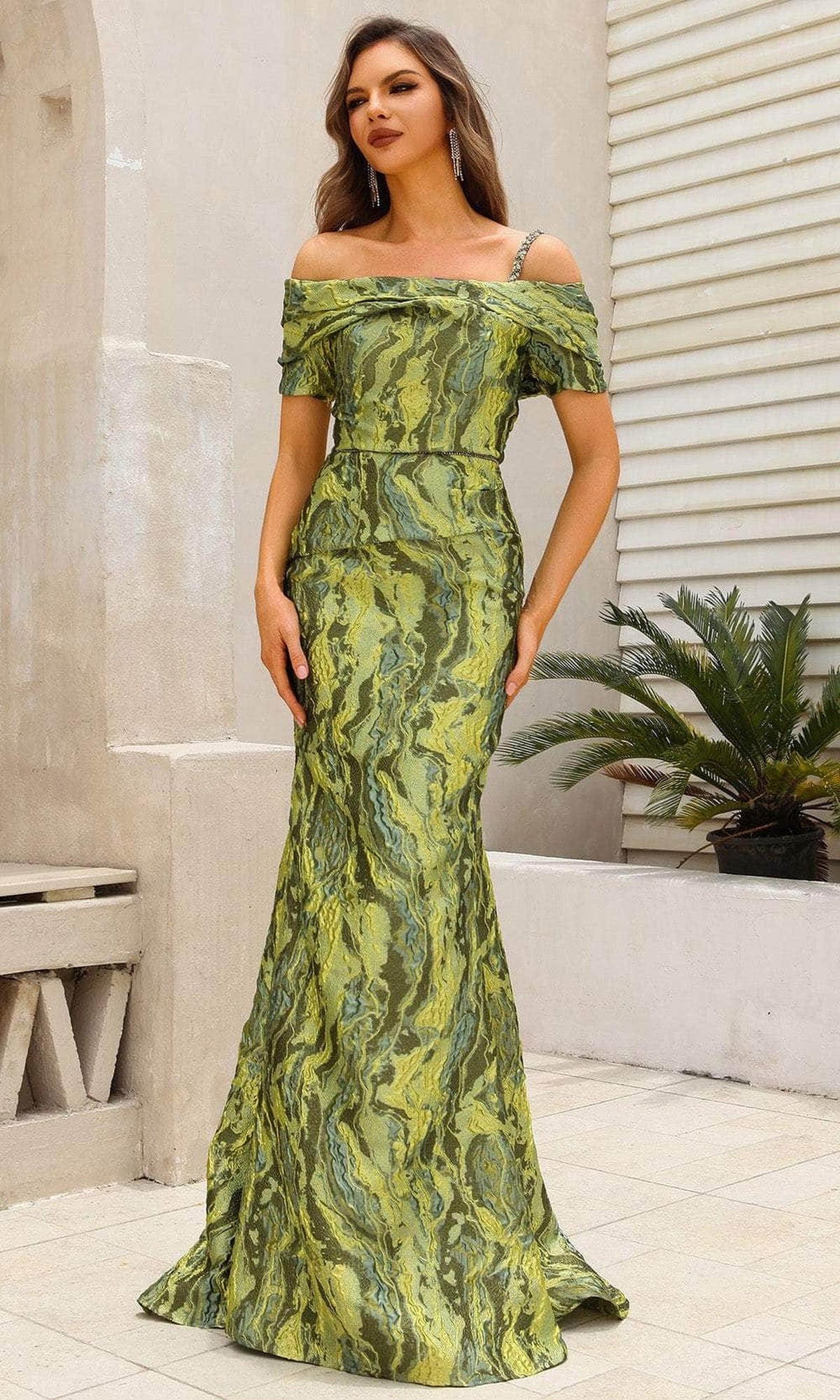 Terani Couture 251M4434 Off Shoulder Lava Jacquard Evening Dress