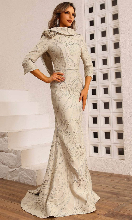 Terani Couture 251M4455 - Quarter Sleeved Jacquard Evening Dress