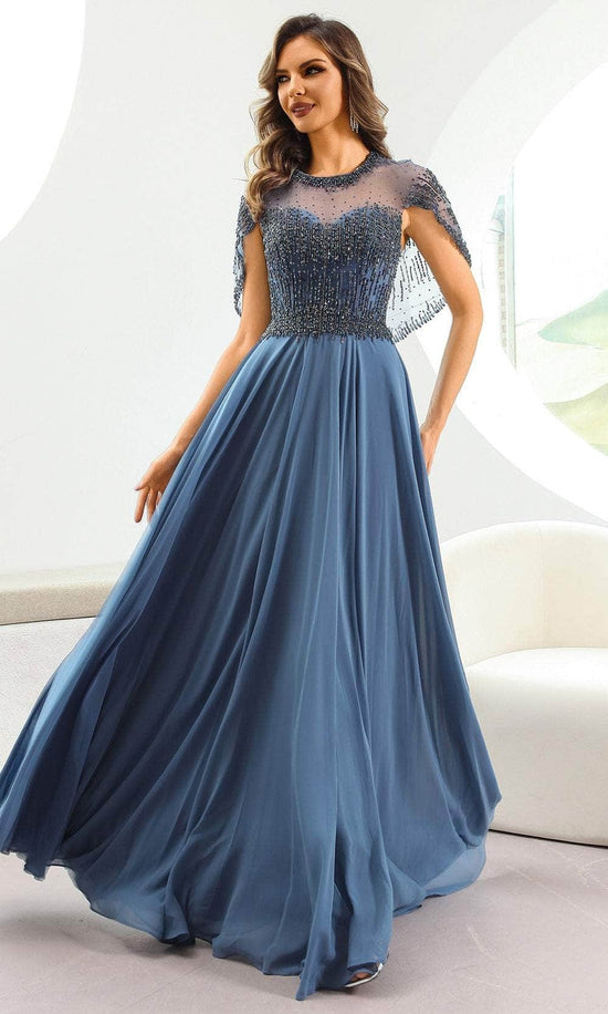 Terani Couture 251M4563 Illusion Neckline Cape Sleeve Evening Dress