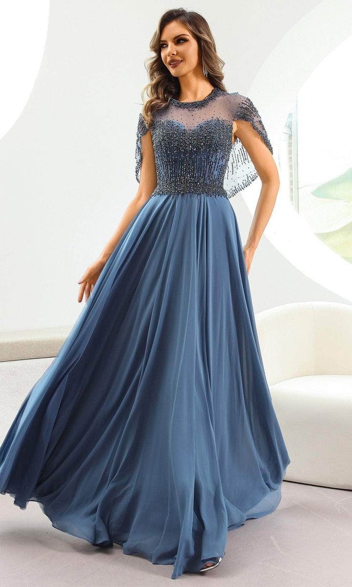 Terani Couture 251M4563 Illusion Neckline Cape Sleeve Evening Dress