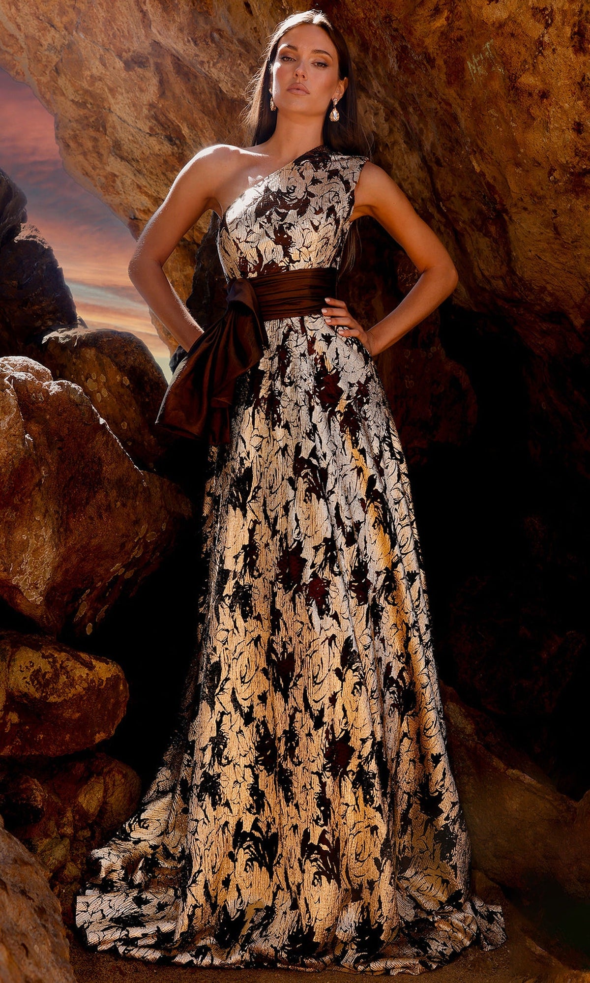 Terani Couture 252E5167 One Shoulder Metallic Lace Gown