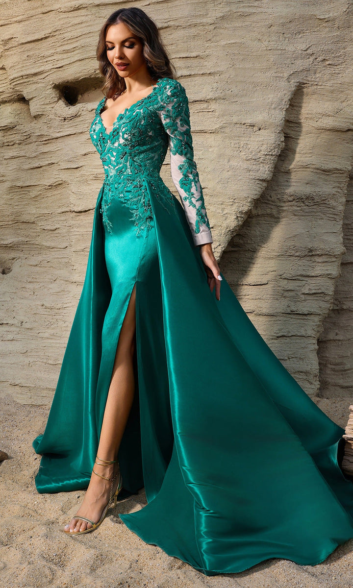 Terani Couture 252M5311 - V-Neck Appliqued Gown with Overskirt
