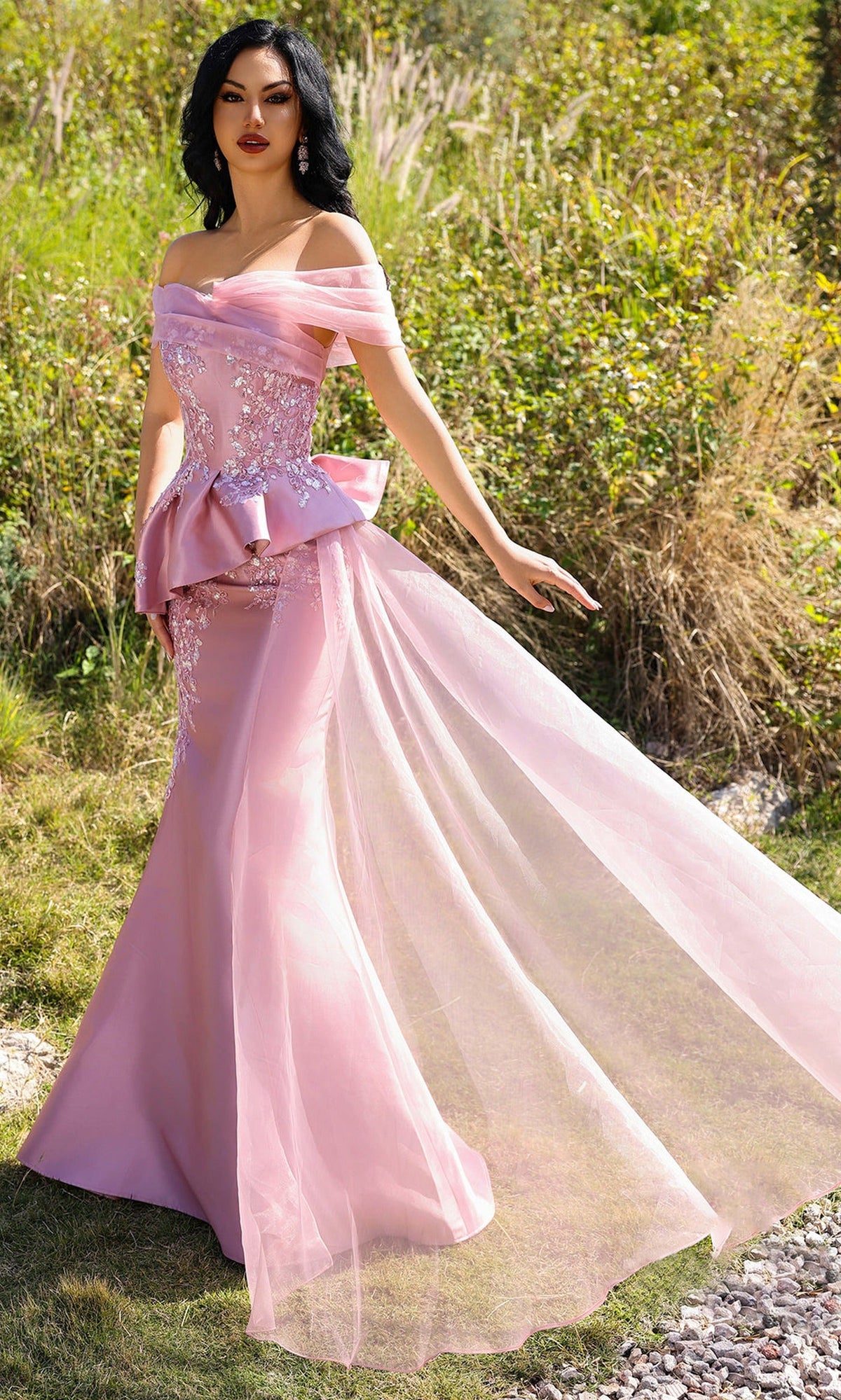 Terani Couture 252M5357 - Off Shoulder Pleated Peplum Gown