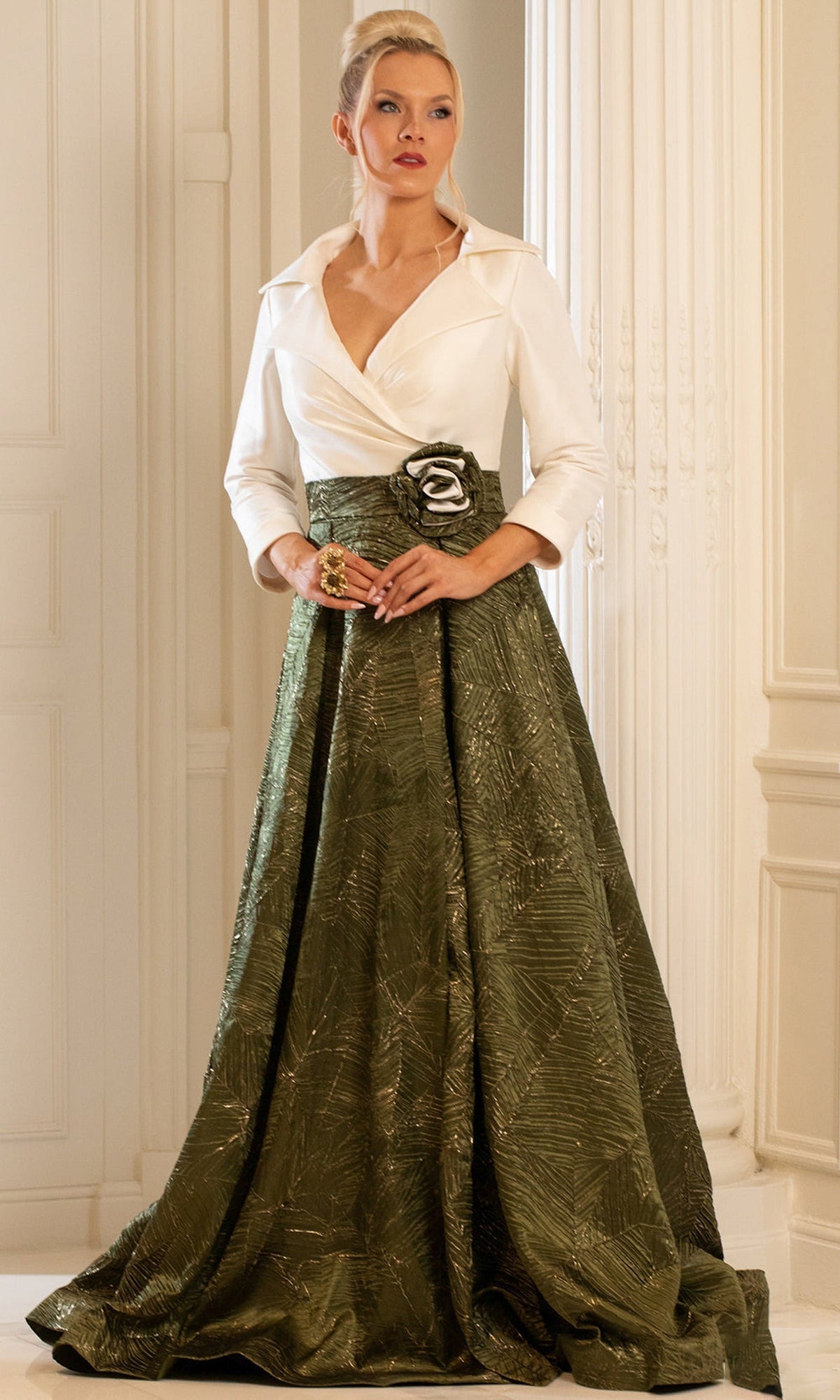 Terani Couture 252M5522 Textured A-line Gown with Belted Waist