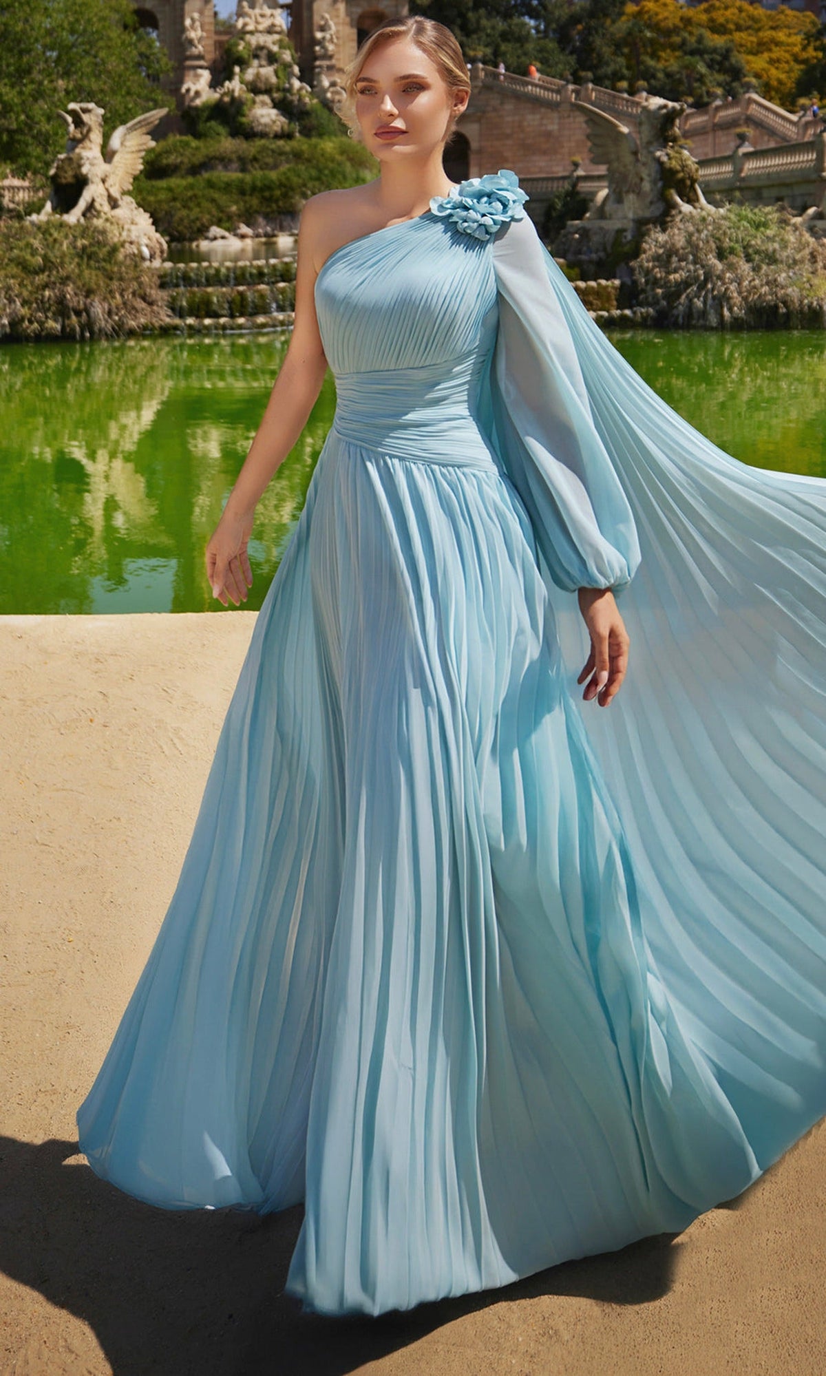 Terani Couture 261E6206 - One Shoulder Pleated Chiffon Cape Dress