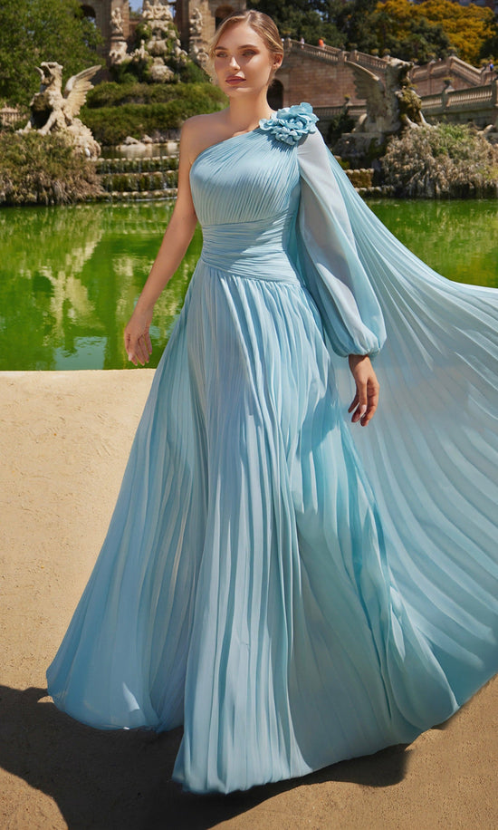 Terani Couture 261E6206 - One Shoulder Pleated Chiffon Cape Dress