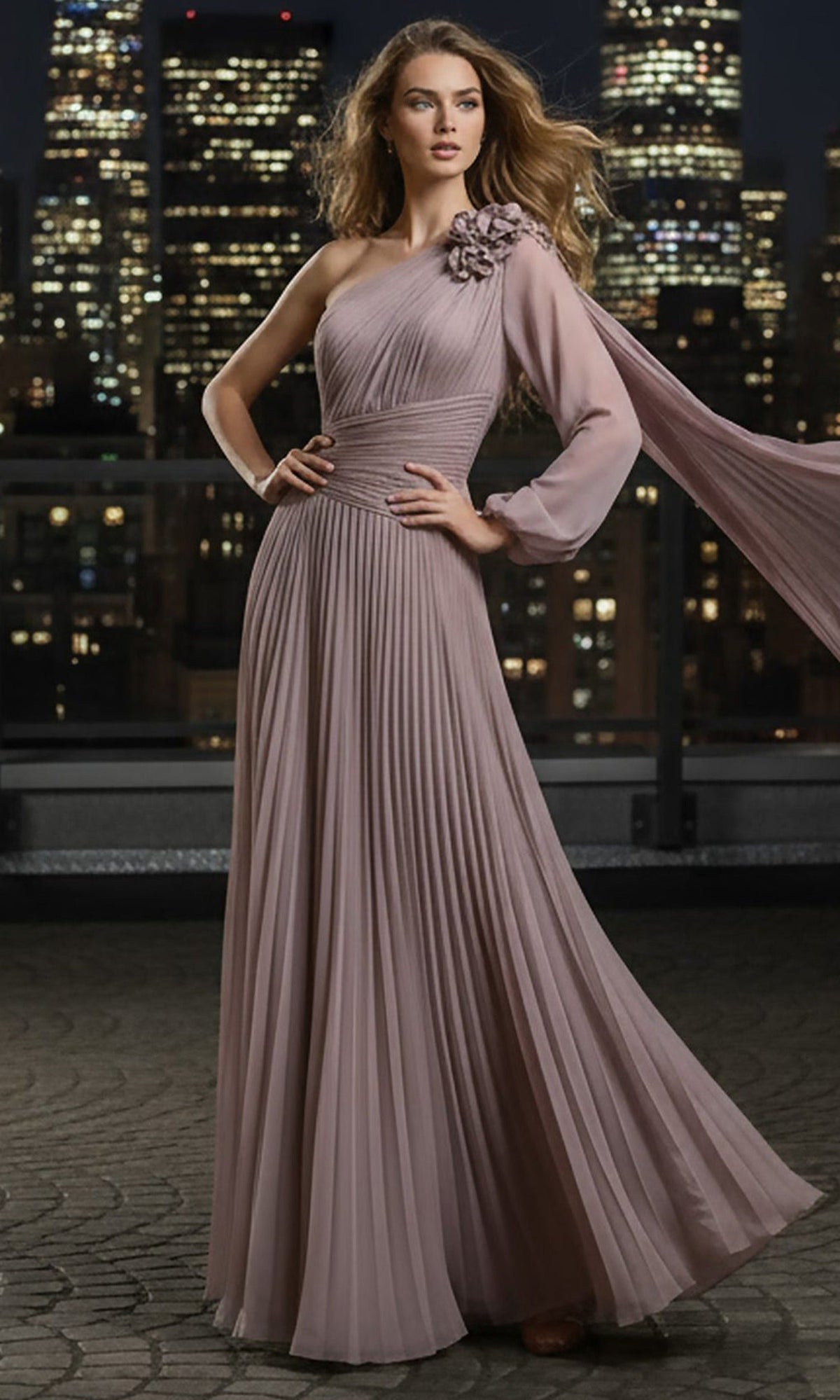 Terani Couture 261E6206 One Shoulder Pleated Chiffon Cape Dress