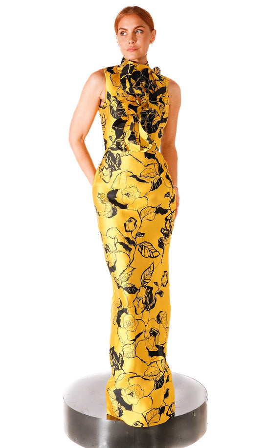 Terani Couture 261E6277 - High Neck Print Mikado Column Gown
