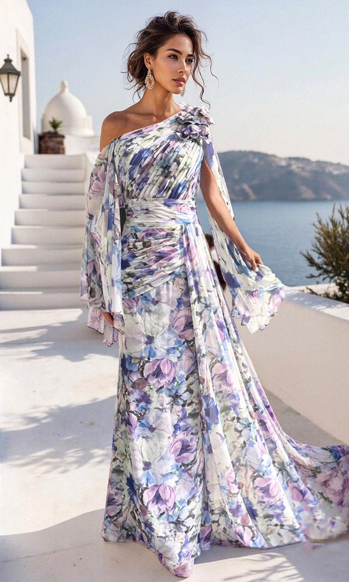 Terani Couture 261E6644 Floral Print Asymmetric Pleated Dress