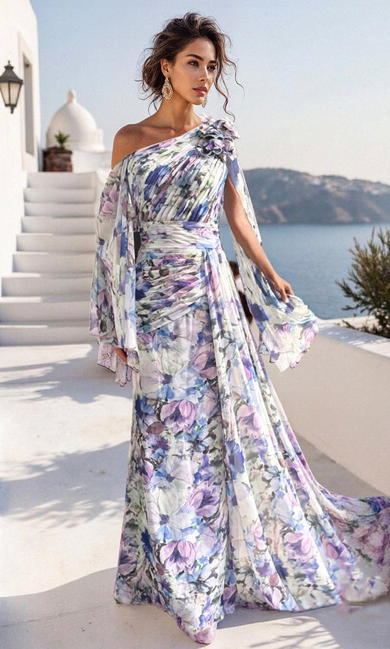 Terani Couture 261E6644 Floral Print Asymmetric Pleated Dress