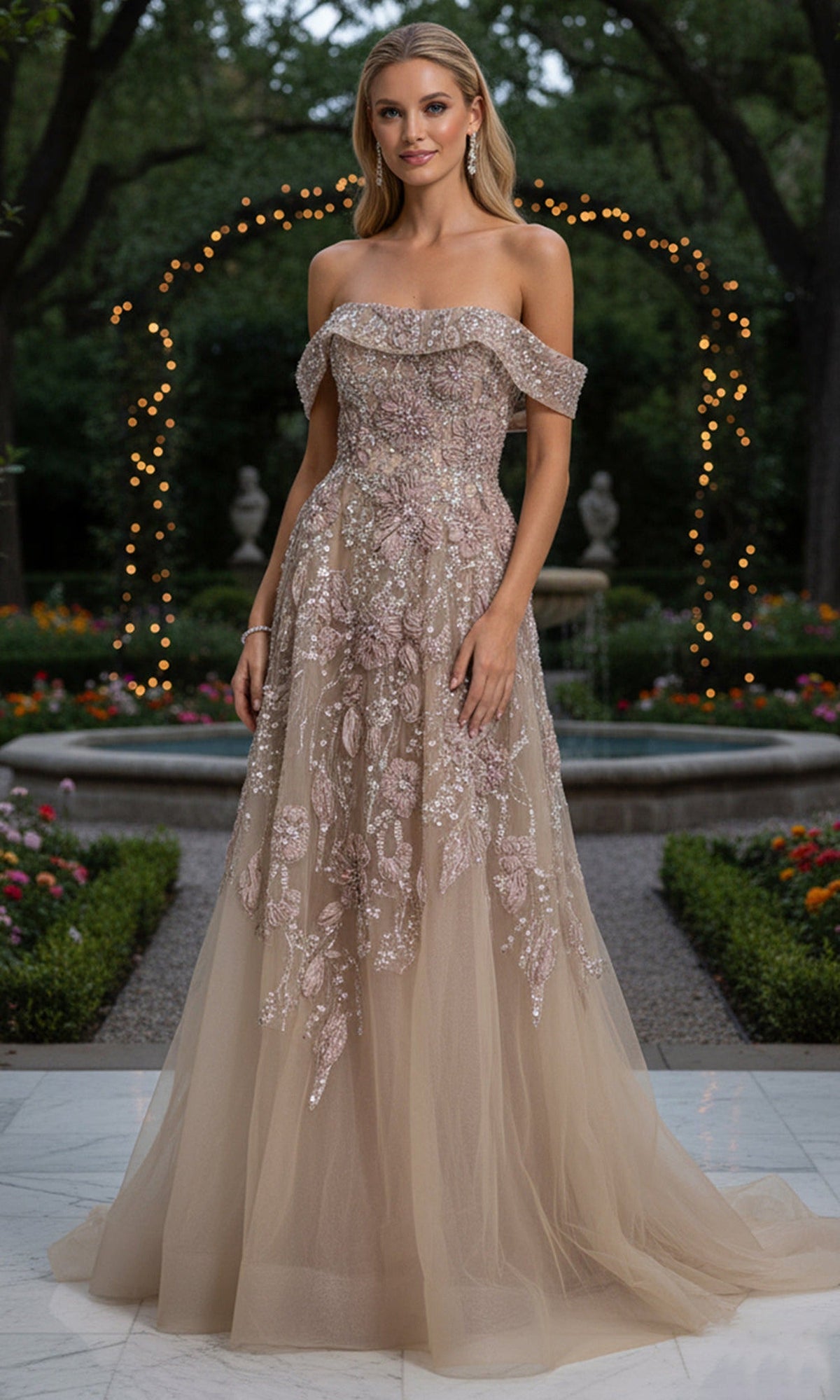 Terani Couture 261M6435 - Beaded Floral Off Shoulder Tulle Gown