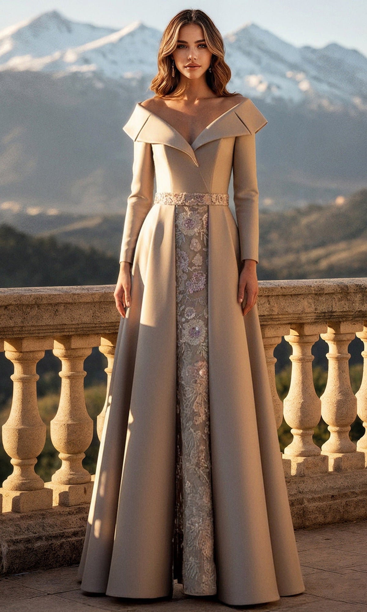 Terani Couture 261M6455 - Off Shoulder Long Sleeve Mikado Gown