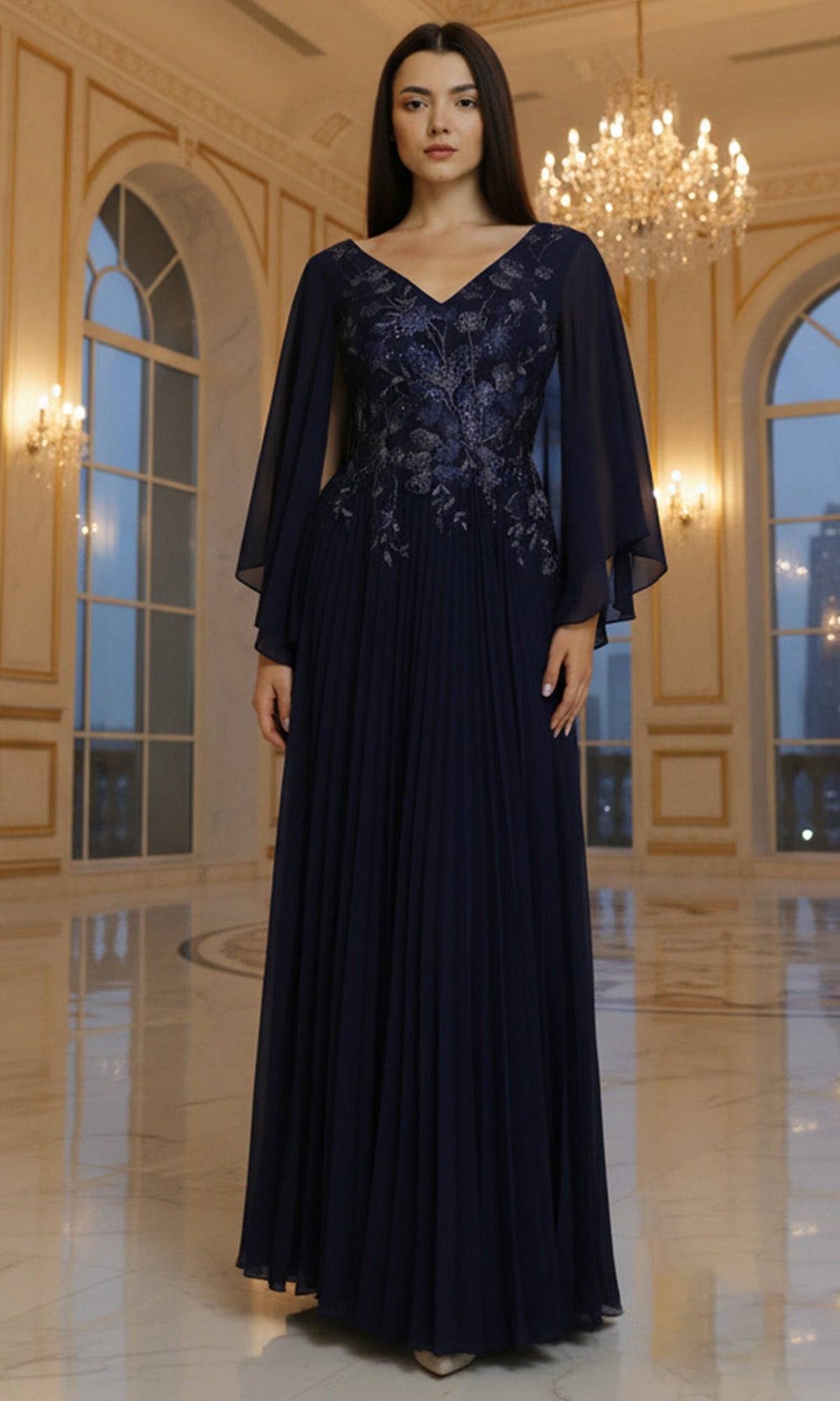 Terani Couture 261M6681 Embroidered Cape Sleeve Chiffon Gown