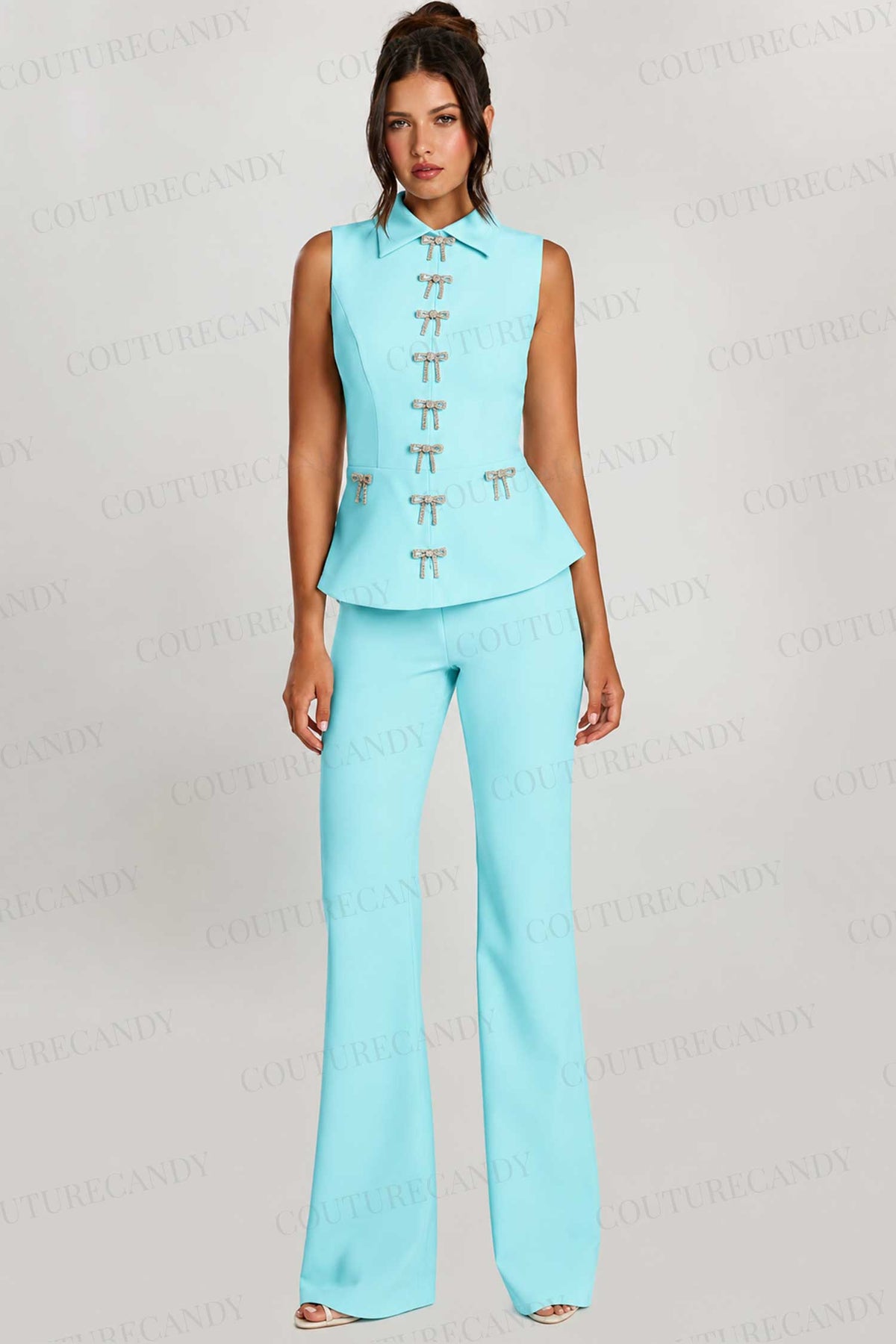 Jovani 47233 - Rhinestone Bow Collared Neckline Pantsuit
